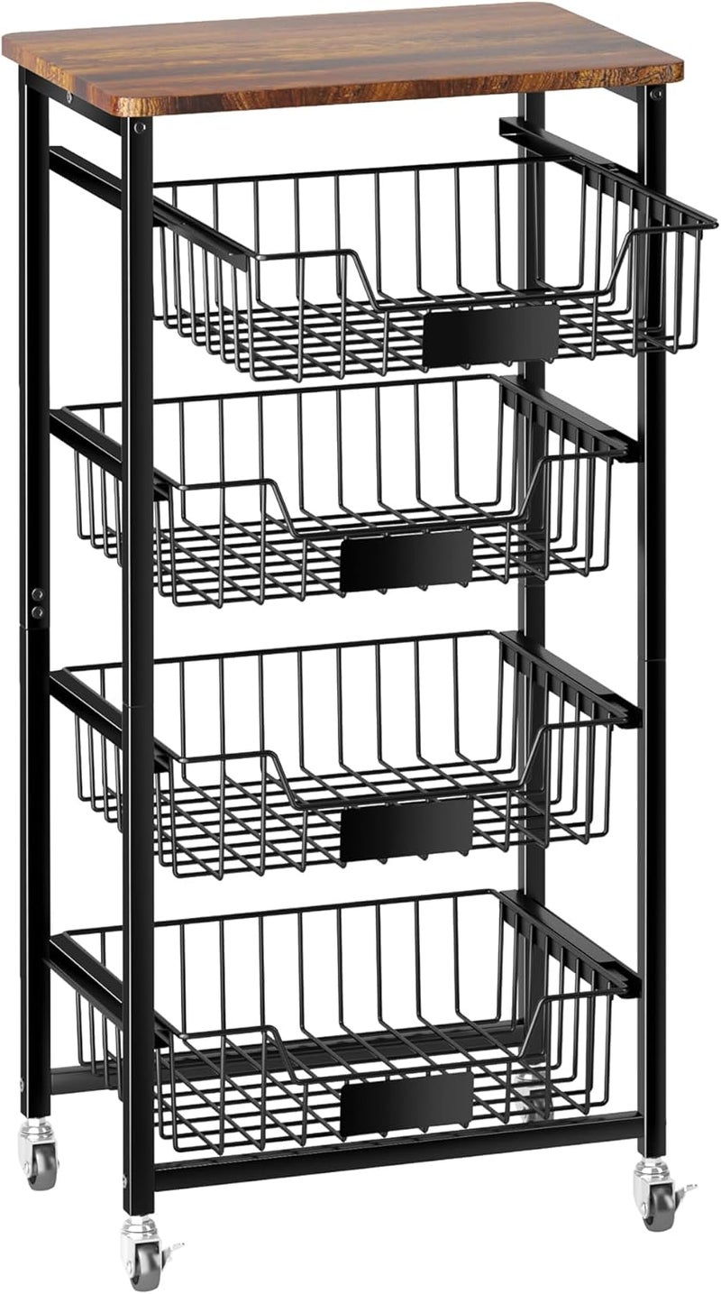 OKZEST Fruit Basket, 5-Tier Utility Kitchen Organizer and Storage Cart with Pull-Out Baskets and Wood Top, Rolling Pantry Kitchen Cart on Wheels for Fruit Potato Onion Vegetable Snack Produce - Image 1